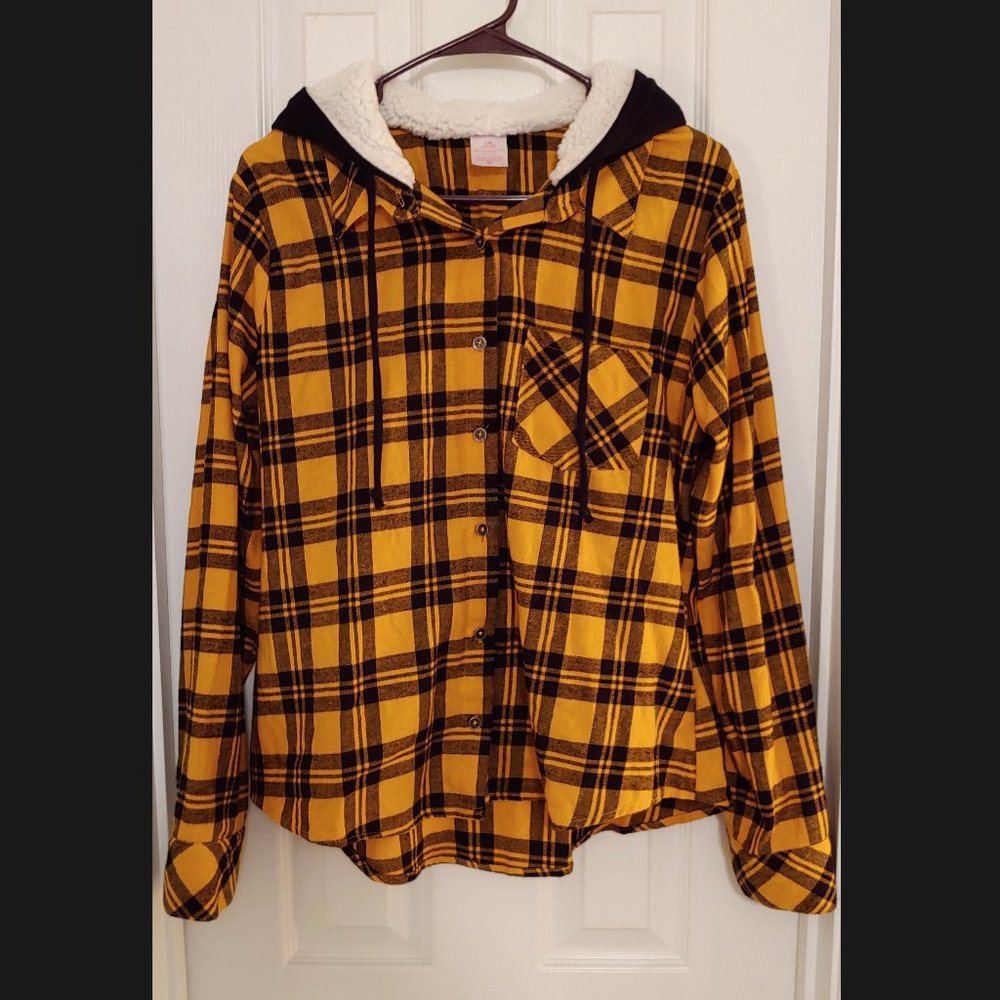 Yellow and black plaid button-up hoodie